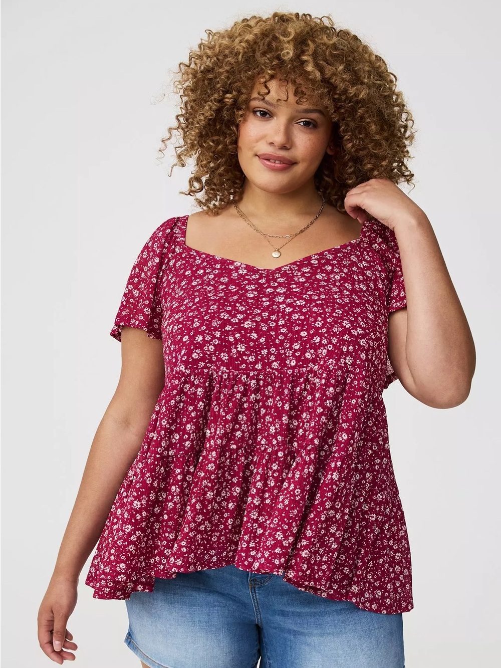 Torrid Red Plum Ditsy Floral Babydoll Flutter Sleeve Top 1X NWT